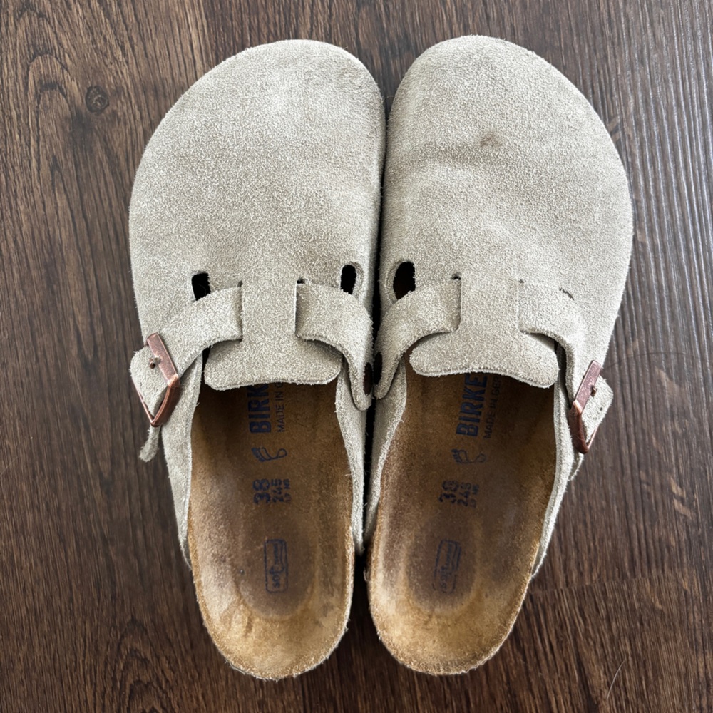 Birkenstock Boston Soft Footbed Suede Leather Taupe Sandals Size 38